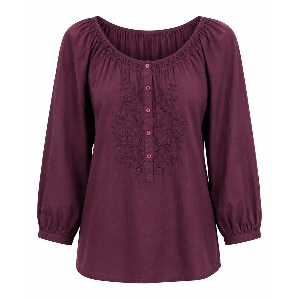 Boho Embroidered Burgundy Peasant Blouse 100% Cotton Women’s XL Sonoma